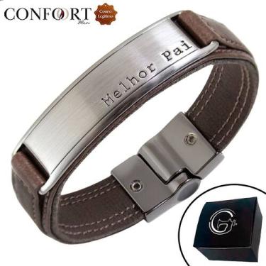 Imagem de Pulseira de Couro Magnética Masculina Melhor Pai Marrom Paizão - GRANA