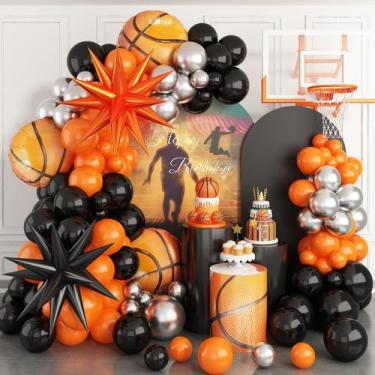Imagem de Kit de arco de balão de basquete Paeyeq 111 unidades laranja, preto e 