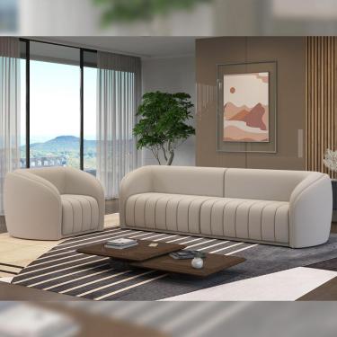 Imagem de Conjunto Sala de Estar Sofá 252cm 3 Lugares e Poltrona Adam Veludo Bege G45 - Gran Belo