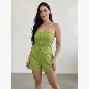 Imagem de Macaquinho Curto Estilo Colete Tecido Linho Botões Frontais Cor Verão 