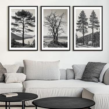 Imagem de KUVIOKE Arte de parede em tela emoldurada de árvore vintage preto e branco retrô desenhos de floresta antiga natureza natureza esboço pintura de parede decoração moderna 61 x 91 cm (moldura preta)