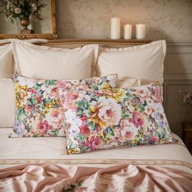 Imagem de FADFAY Fronha floral 100% algodão fazenda colorida rosa salmão romântico peônia impressa gasto roupa de cama vintage (rosa salmão, tamanho padrão 48 × 73 cm)