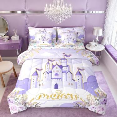 Imagem de Manfei Jogo de cama solteiro com estampa de princesa dos sonhos, castelo roxo, 7 peças, reversível (1 edredom, 2 fronhas, 2 fronhas, 1 lençol de cima, 1 lençol com elástico)