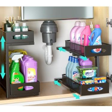 Imagem de Beleeb Organizador embaixo da pia, organizador de armário deslizante de metal de 2 níveis, série de organização e armazenamento com altura ajustável, organização de banheiro/cozinha (preto - pacote