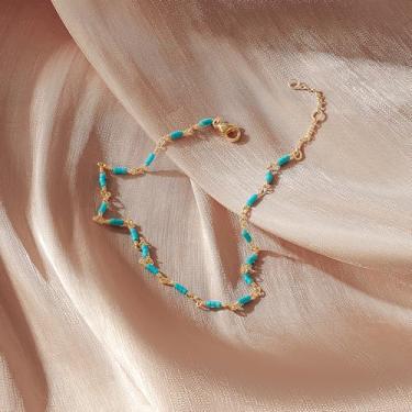 Imagem de Tornozeleiras femininas à prova d'água banhado a ouro 14K turquesa contas tornozeleiras, Medium, Latão, Sem Pedra Preciosa