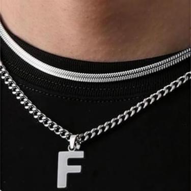 Imagem de Coleção de 26 colares com pingente de alfabeto em camadas, design de corrente dupla (cobra e elos cubanos), joias urbanas hip hop para uso diário e casual, One Size, Aço inoxidável, Sem Pedra Preciosa