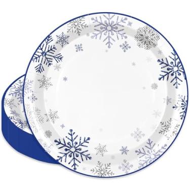 Imagem de JarThenaAMCS 50 peças de pratos de papel de Natal azul escuro floco de neve descartáveis, pratos redondos 22,5 cm decorativos, prato de sobremesa, para festa de Natal, inverno, suprimentos de mesa