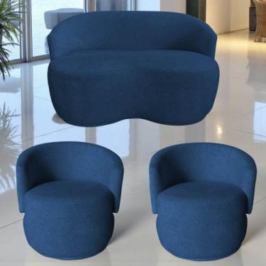 Imagem de Kit Namoradeira + 2 Poltronas Decorativa Beatriz Orgânica Couro Azul M