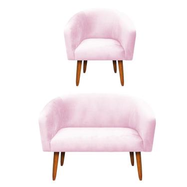 Imagem de Kit 01 Namoradeira e 01 Poltrona Suede Rosa Bebê Pés Palito