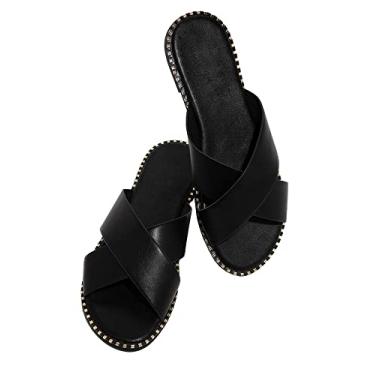 Imagem de Jeimpoey Sandálias femininas com tira cruzada com dedos abertos, slip on Mule Slides, Preto, 10