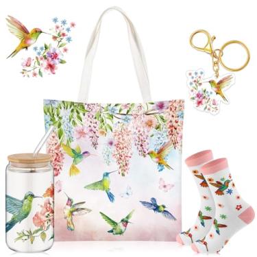 Imagem de Paterr 4 peças, presentes de beija-flor de Natal para mulheres, presente temático de beija-flor para mãe com sacola de lona, 473 ml, xícara de café de vidro com meias de palha, chaveiro fofo