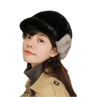 Imagem de Chapéu de pele feminino de cor sólida, tamanho uniforme, chapéu de pele de inverno com proteção de orelha, chapéu de pele de pato quente, preto, tamanho único