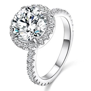 Imagem de JIANGYUE 3 quilates redondo grande pedra solitário anel de noivado banhado a ouro branco para o amor para mulheres, estilo halo brilhante clássico feminino presente de dia das mães joias tamanho 5 6 7