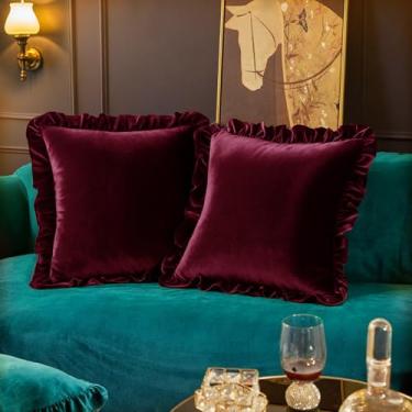 Imagem de Cobedzy Conjunto de 2 capas de almofada de veludo, capas de almofada decorativas macias para sofá, quarto, 45 x 45 cm, vermelho
