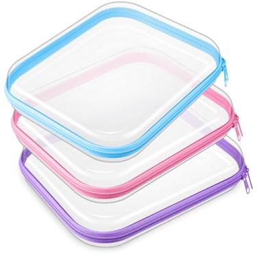 Imagem de Hoolerry 3 peças de estojo rígido transparente com zíper bolsa de plástico transparente bolsa de maquiagem bolsa organizadora de viagem portátil para cosméticos, blocos de construção, quebra-cabeças