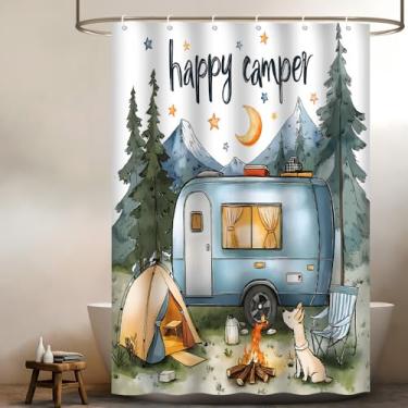 Imagem de UOZXOML Happy Camper Cortina de Chuveiro Pequena Barraca RV Rústica Pinheiro Montanha Barraca Camping Viagem Trailer Cachorro Cenário Aquarela Tecido Decoração de Banheiro Cortinas com Ganchos, 47 x