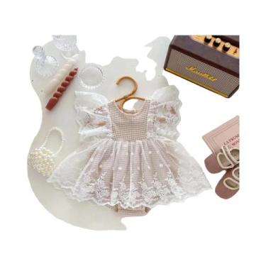 Imagem de Vestido Waffle Grid Lace Romper para bebé, roupa chique estilo coreano