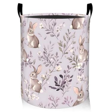 Imagem de ainori Cesta de roupa suja floral de coelho, tecido Oxford, fofo, roupa suja, cesto dobrável para decoração de quarto, coelho e flor, organizador de brinquedos 40 x 40 cm para quarto, banheiro