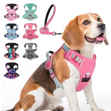 Imagem de BEAUTYZOO Peitoral para cães grande, ajustável e conjunto de coleira para cães – Fácil de usar com 3 fivelas/alça de controle, colete refletivo macio acolchoado para treinamento, caminhada, rosa, M