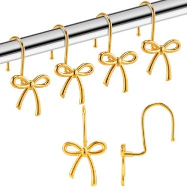 Imagem de YanKiTour Ganchos dourados para cortina de chuveiro, pacote com 12 anéis decorativos de metal, design de nó de laço à prova de ferrugem para banheiro, quarto, sala de estar, quarto de bebê, berçário
