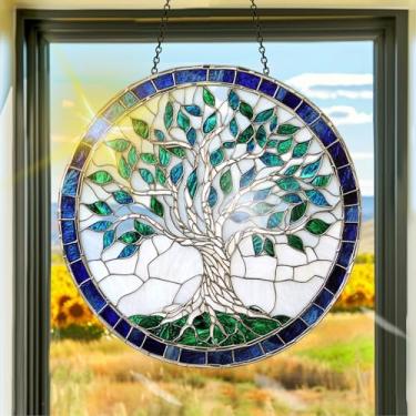 Imagem de Acrílico colorido, apanhador de sol, árvore da vida, decoração de janela pendurada, arte de parede de arco-íris, para quarto, varanda, interior e exterior, jardim, enfeites de Natal, decoração 19 x 19