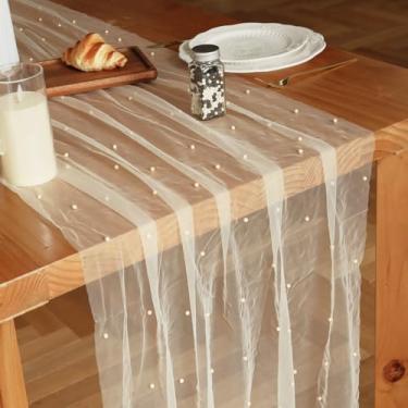 Imagem de Psasrm Conjunto de 6 toalhas de mesa de pérolas, 3 m, 73 x 300 cm, toalha de mesa champanhe de tule transparente pérola, caminho de mesa para festa de casamento, chá de bebê, aniversário, decoração de