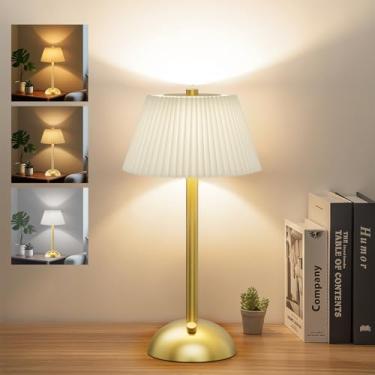 Imagem de Luminária de Mesa LED com Base Metálica, 3 Temperaturas de Cor, Controle por Toque, Abajur de Tecido Bege, USB 3V, Branco