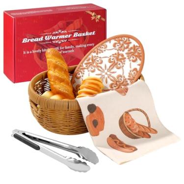 Imagem de Cesta para aquecer pão com pedra – tigela de terracota mantém o pão quente e úmido, inclui forro de linho e clipes, presente ideal para padeiros de massa fermentada, inauguração de casa e casamentos