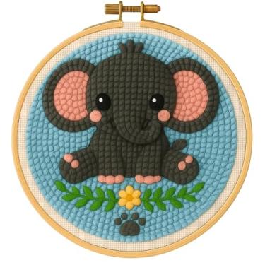 Imagem de TEKWAVE Kit de agulhas de perfuração para iniciantes – Elefante bebê com flores, kit de bordado DIY com fio, tecido, argola, agulha e instruções – Kit de artesanato divertido para adultos e crianças