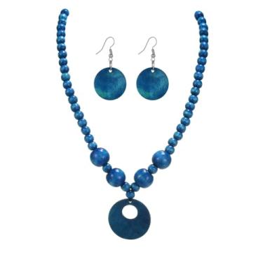 Imagem de QRH Conjunto de brincos de colar de contas de madeira boêmio vintage grosso com contas de madeira, conjunto de joias étnicas multicoloridas feitas à mão para mulheres, Madeira, Sem Pedra Preciosa