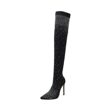 Imagem de Botas Femininas Sexy Acima do Joelho com Strass - Bico Fino e Salto Al