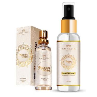 Imagem de Kit Body Splash e Perfume Hasan Rose Amakha Paris Árabe Feminino Fakha