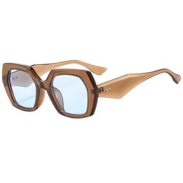 Imagem de Óculos de sol vintage polígono feminino fashion hexagonal transparente lente oceano uv400 masculino (azul chá)