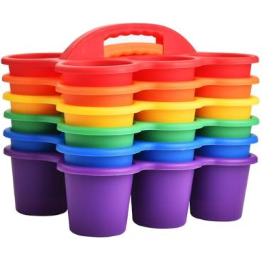 Imagem de Pacote com 6 cestas de armazenamento para sala de aula com alça, suporte de plástico para copos de bebidas, 6 compartimentos para crianças, mesa, escritório, artes, artesanato, giz de cera, marcador