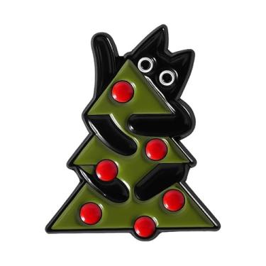 Imagem de Broche de árvore de Natal de gato preto fofo broche esmaltado para mulheres homens novidade engraçada desenho animado animal lapela broches adoráveis jaqueta mochilas bolsas roupas chapéu crachá
