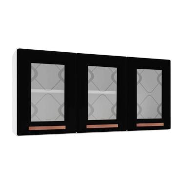 Imagem de Armário Aéreo Cozinha Modulado Mirage New 3 Portas C/ Vidro Branco/preto - Telasul