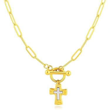 Imagem de LKingel Colar de cruz grossa de ouro para mulheres, colar com pingente de cruz martelada, vintage, corrente grossa, clipe de papel, corrente gargantilha, joia moderna, presente para mulheres, Large