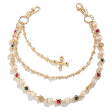 Imagem de NREDXOON Corrente jeans Y2K dourada - calça conversível em camadas e corrente carteira com flor de cristal e pingente de cruz barroca para mulheres e meninas (GoldGem)