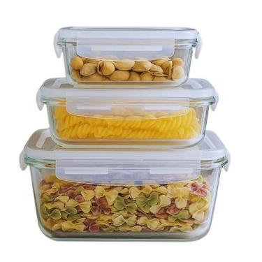 Imagem de Kit com 3 Potes de Vidro Hermético 4 Travas  Anel de Vedação Premium  