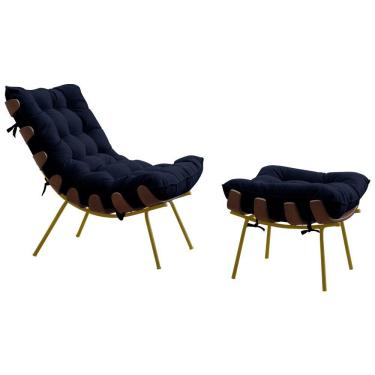 Imagem de Poltrona e Puff Abel Base de Madeira Dourada Veludo Azul