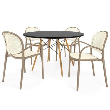Imagem de Conjunto Mesa De Jantar Redonda Eiffel Preta 120cm Com 4 Cadeiras Roma Com Braço - Branco/cinza Escuro