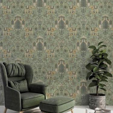 Imagem de Papel de Parede Importado Verde Elefantes Indiano Vinílico Texturizado
