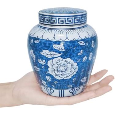 Imagem de WF Frasco de armazenamento de porcelana, pote decorativo de gengibre de cerâmica azul e branco, vaso de porcelana com tampa em estilo chinês tradicional de gengibre, decoração de casa