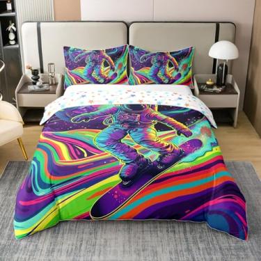 Imagem de Astronauta 100% algodão capa de edredom tamanho casal, conjunto de cama esportivo de skate, 3 peças, decoração de quarto de crianças, adolescentes, colorido, arco-íris, galáxia, universo, capa de