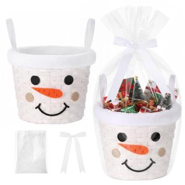 Imagem de Threehoney Cesta de Natal para presentes, cesta de bambu vazia de boneco de neve de Natal com bolsa e fita de laço para armazenamento de Natal, lanche, com alça de 23 x 17,8 cm