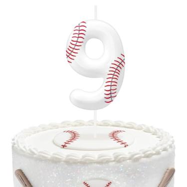 Imagem de Velas de aniversário de beisebol número 9, topo de bolo com tema de beisebol para meninos e meninas, decorações de bolo para aniversários, suprimentos de festa com tema esportivo, velas para