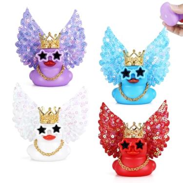 Imagem de 4 peças de decoração de carro de pato de borracha de anjo com asas de glitter (roxo/azul/vermelho/branco) + 16 acessórios - decoração de painel estridente para pato de carro, diversão DIY e alívio de