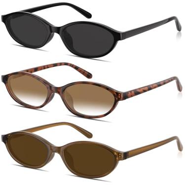 Imagem de phikttu Óculos de sol retrô ovais olho de gato para mulheres Y2K vintage armação pequena leve estreita moderna proteção UV pacote com 3, Preto + marrom + tartaruga, One Size