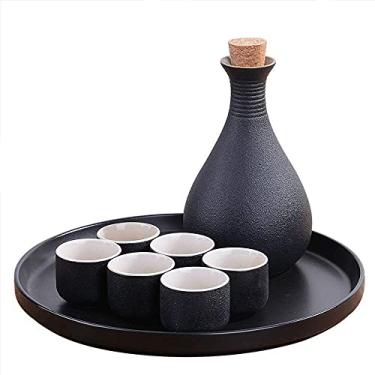 Imagem de 3FLQOOPP Conjunto de 6 peças de saquê, taças de vinho de cerâmica preta japonesa com bandeja de cerâmica, copos de artesanato tradicionais, para saquê frio/quente/quente/saquê shochu/chá tradicional