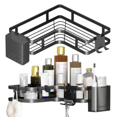 Imagem de Prateleiras de banheiro – Organizador de armazenamento de banheiro com suporte de pasta de dente e gancho | Rack de xampu adesivo que economiza espaço para chuveiro, trailer, apartamento, dormitório